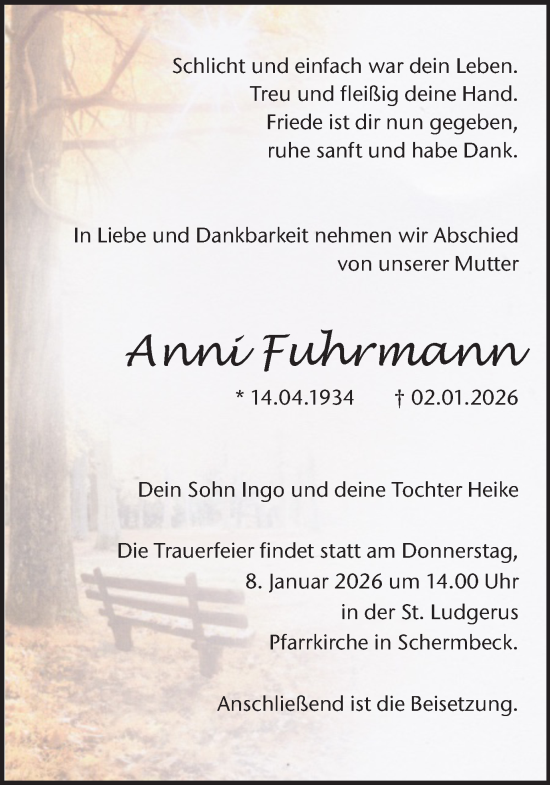 Traueranzeige von Anni Fuhrmann von Ruhr Nachrichten und Dorstener Zeitung