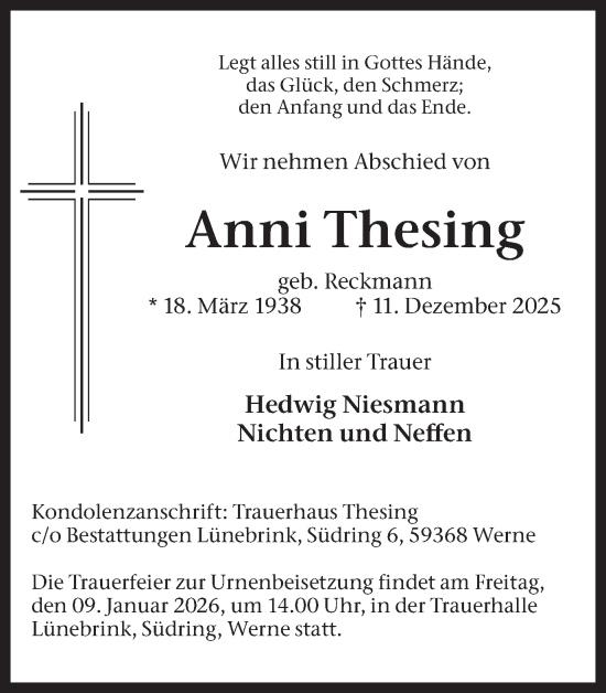 Traueranzeige von Anni Thesing von Ruhr Nachrichten