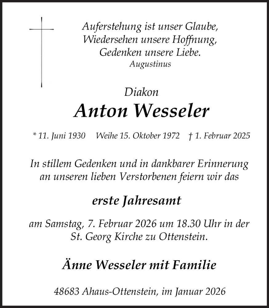  Traueranzeige für Anton Wesseler vom 31.01.2026 aus Münsterland Zeitung