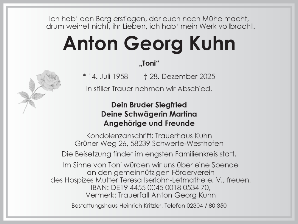  Traueranzeige für Anton Georg Kuhn vom 10.01.2026 aus Ruhr Nachrichten