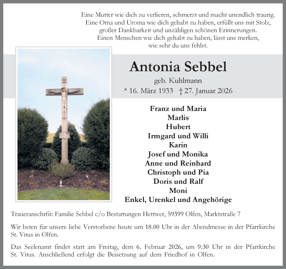  Traueranzeige für Antonia Sebbel vom 31.01.2026 aus Ruhr Nachrichten