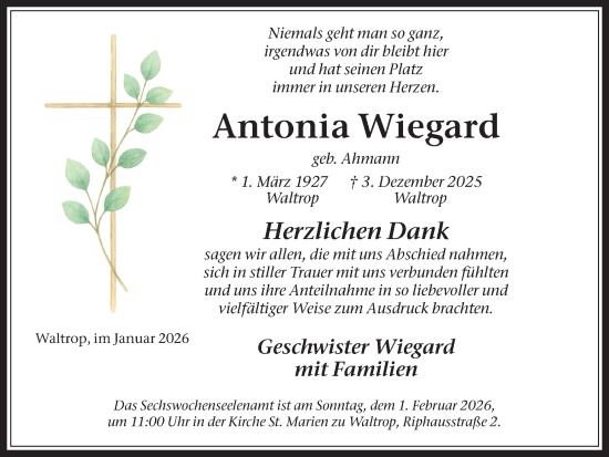 Traueranzeige von Antonia Wiegard von Trauer Vest