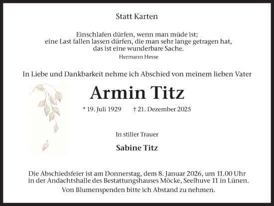 Traueranzeige von Armin Titz von Lüner Anzeiger