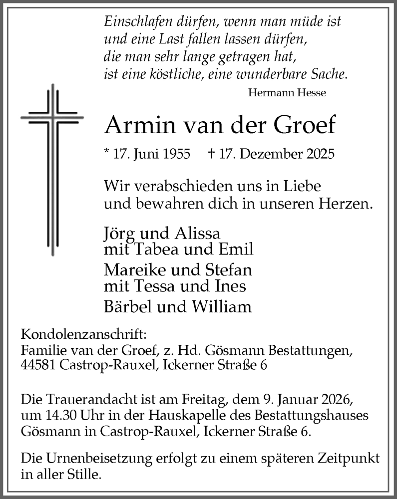  Traueranzeige für Armin van der Groef vom 03.01.2026 aus Stadtanzeiger Castrop-Rauxel