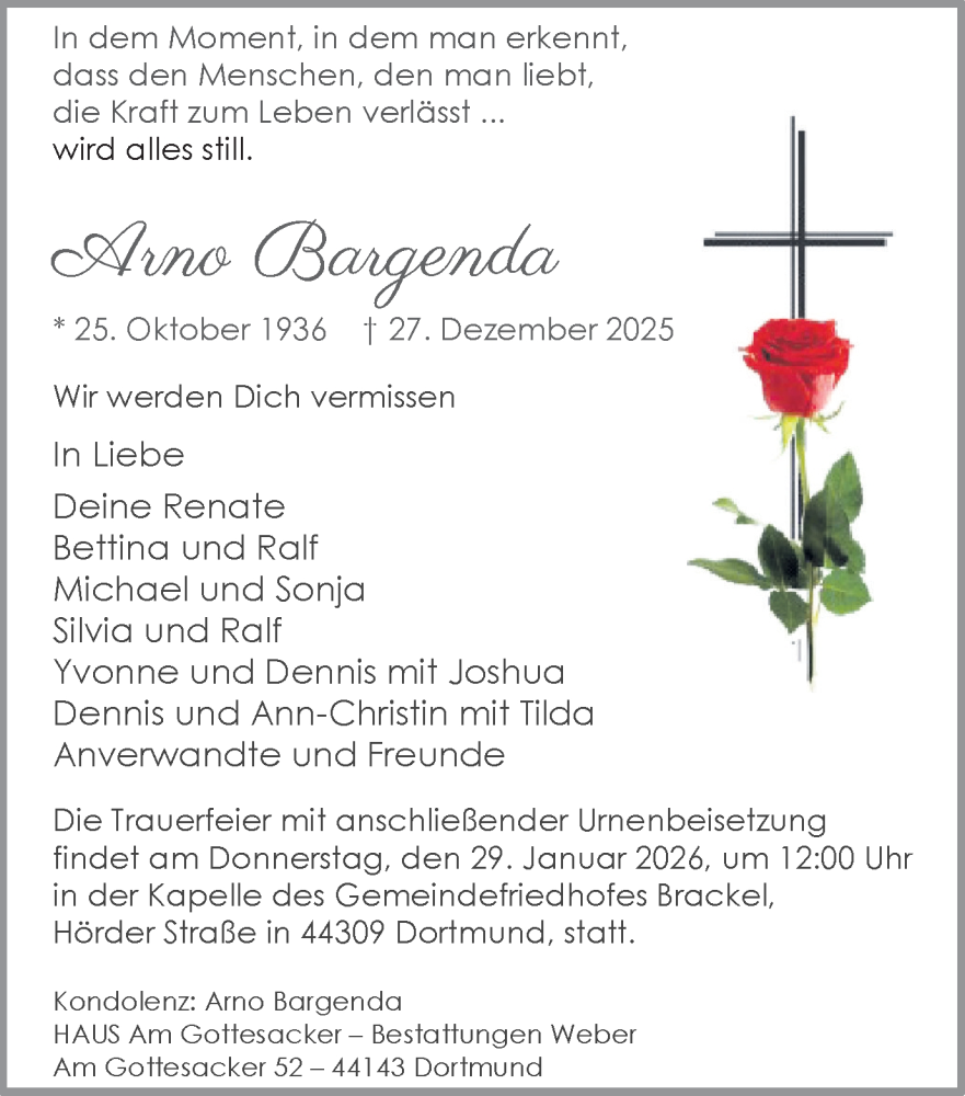  Traueranzeige für Arno Bargenda vom 24.01.2026 aus Ruhr Nachrichten