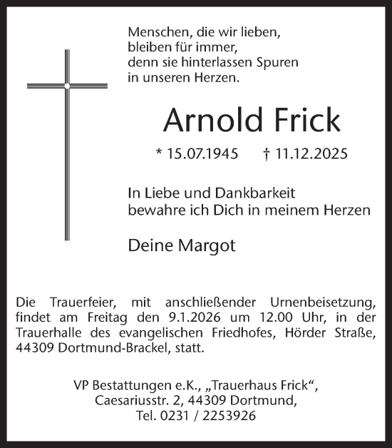 Traueranzeige von Arnold Frick von Ruhr Nachrichten