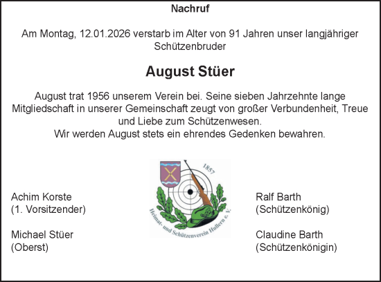 Traueranzeige von August Stüer von Ruhr Nachrichten und Halterner Zeitung