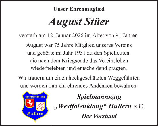 Traueranzeige von August Stüer von Ruhr Nachrichten und Halterner Zeitung
