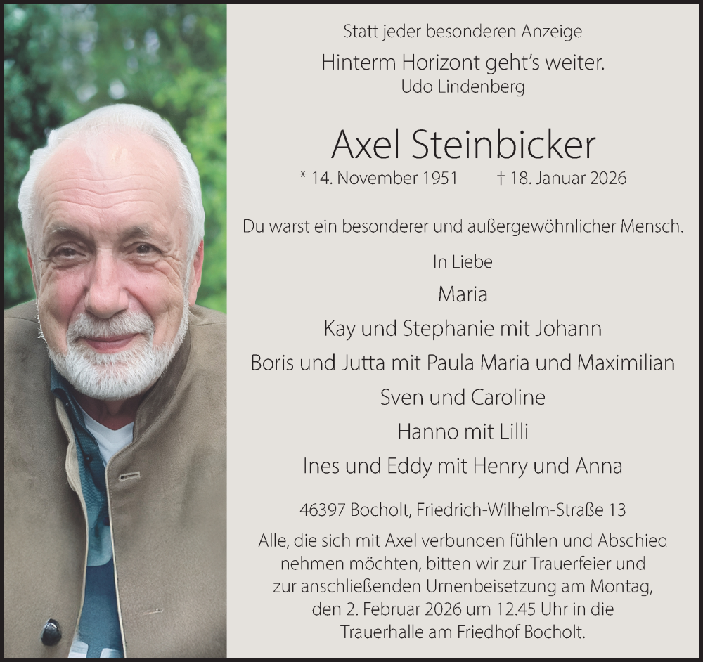  Traueranzeige für Axel Steinbicker vom 24.01.2026 aus 