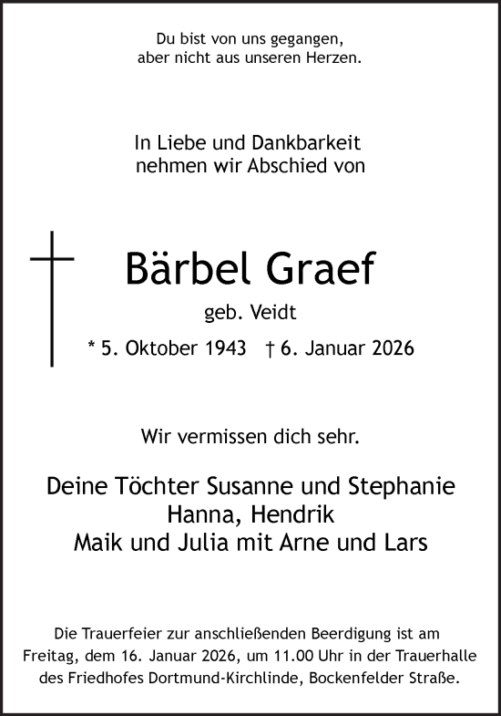 Traueranzeige von Bärbel Graef von Ruhr Nachrichten
