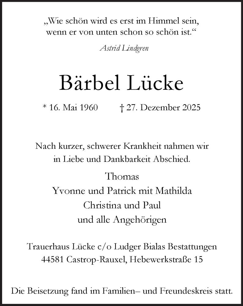  Traueranzeige für Bärbel Lücke vom 10.01.2026 aus Stadtanzeiger Castrop-Rauxel