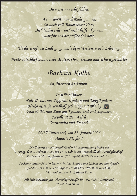 Traueranzeige von Barbara Kolbe von Ruhr Nachrichten