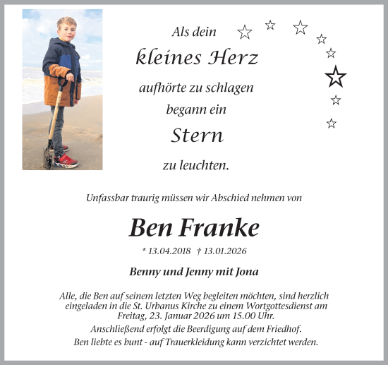 Traueranzeige von Ben Franke von Ruhr Nachrichten und Dorstener Zeitung