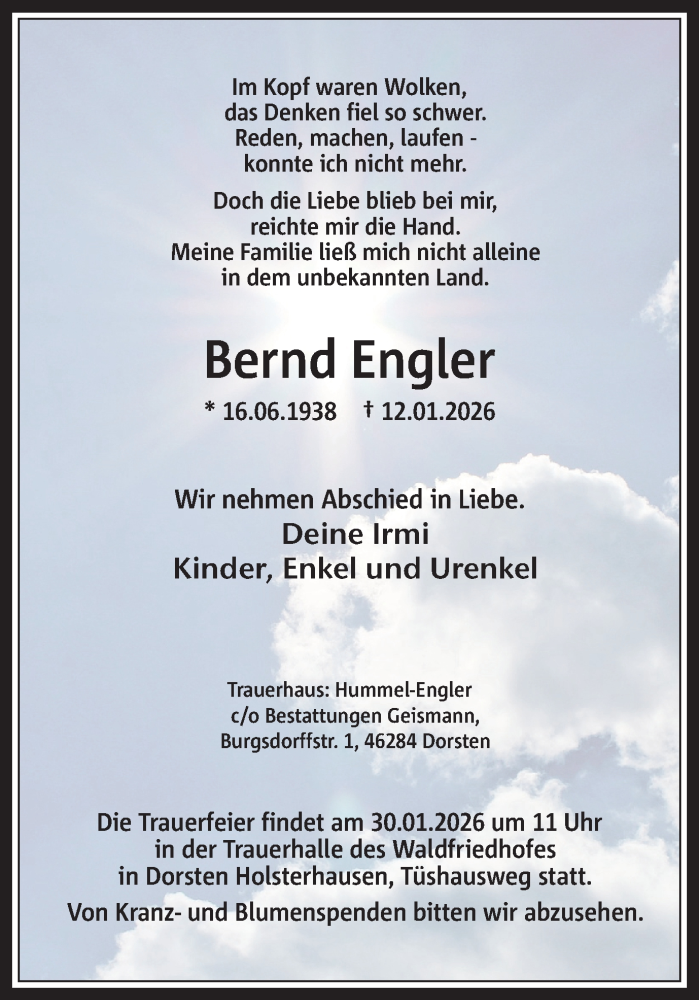  Traueranzeige für Bernd Engler vom 29.01.2026 aus Ruhr Nachrichten und Dorstener Zeitung