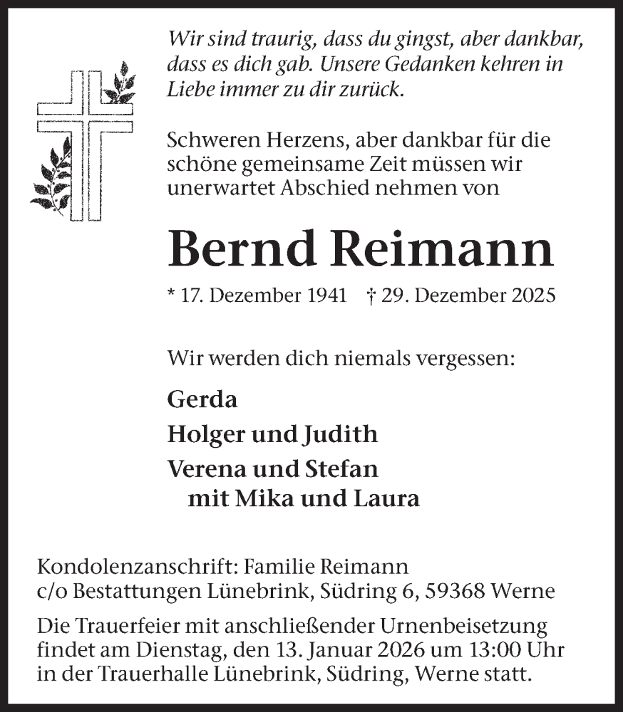  Traueranzeige für Bernd Reimann vom 10.01.2026 aus Ruhr Nachrichten