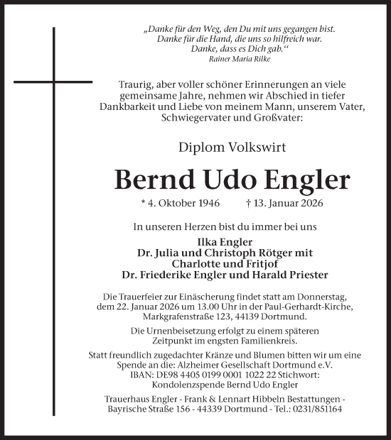 Traueranzeige von Bernd Udo Engler von Ruhr Nachrichten