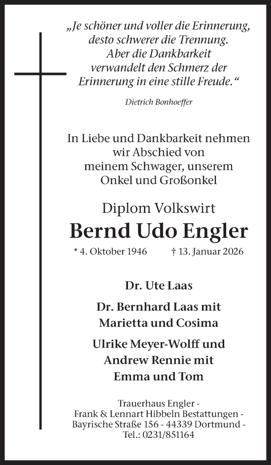 Traueranzeige von Bernd Udo Engler von Ruhr Nachrichten