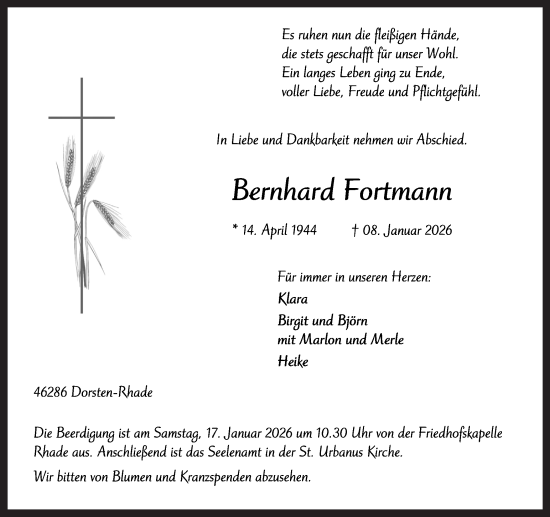 Traueranzeige von Bernhard Fortmann von Ruhr Nachrichten und Dorstener Zeitung