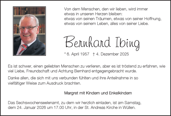 Traueranzeige von Bernhard Ibing von Münsterland Zeitung
