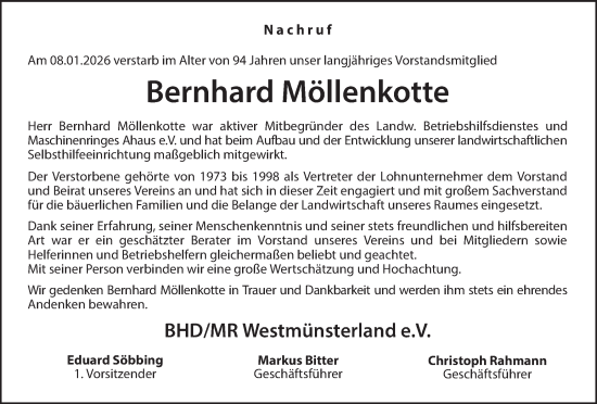 Traueranzeige von Bernhard Möllenkotte von Münsterland Zeitung