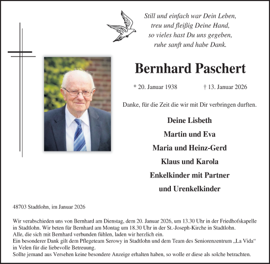 Traueranzeige von Bernhard Paschert von Münsterland Zeitung