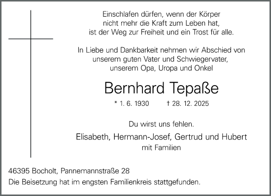 Traueranzeige von Bernhard Tepaße 
