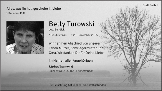 Traueranzeige von Betty Turowski von Ruhr Nachrichten und Dorstener Zeitung
