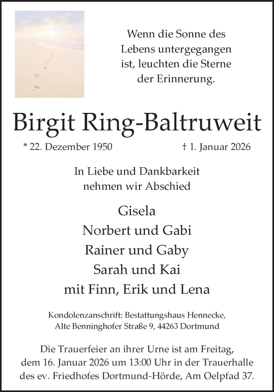 Traueranzeige von Birgit Ring-Baltruweit von Ruhr Nachrichten
