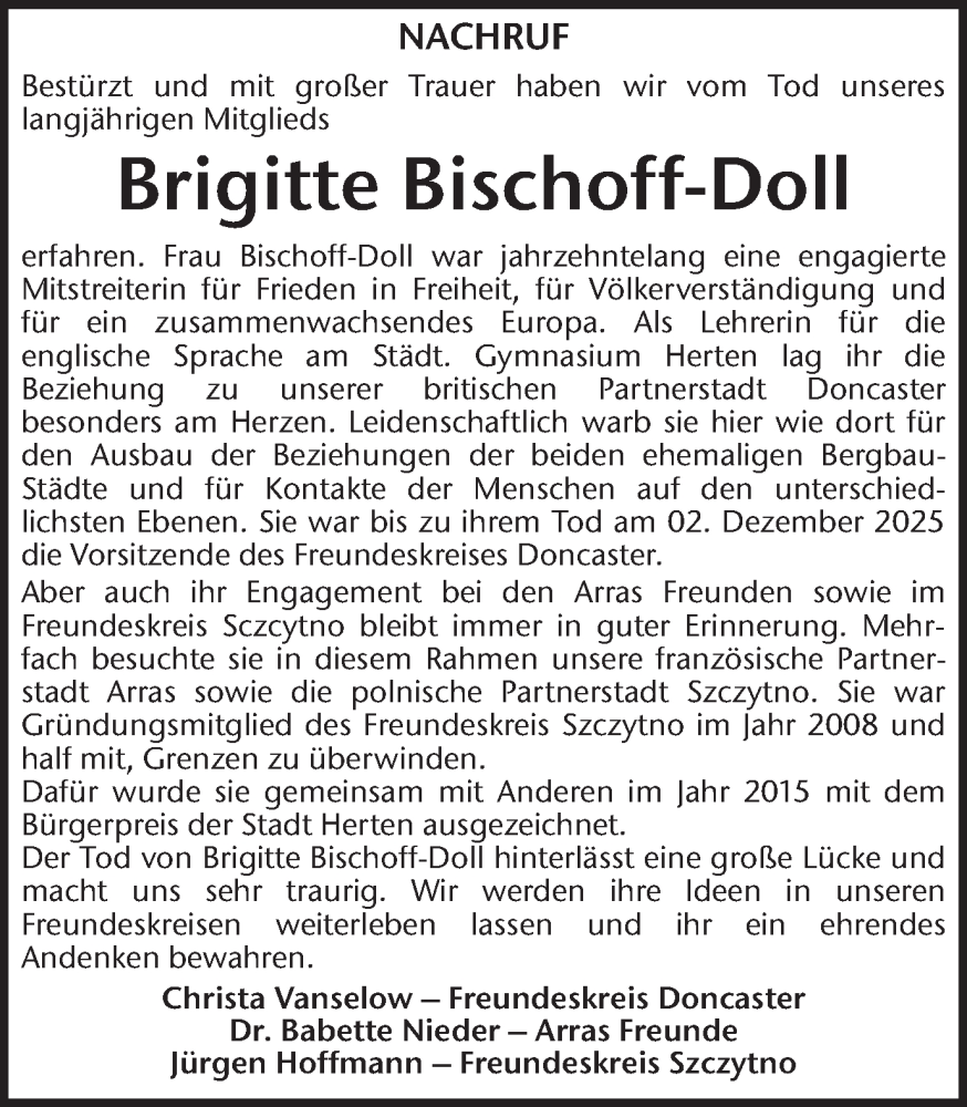  Traueranzeige für Brigitte Bischoff-Doll vom 10.01.2026 aus Trauer Vest