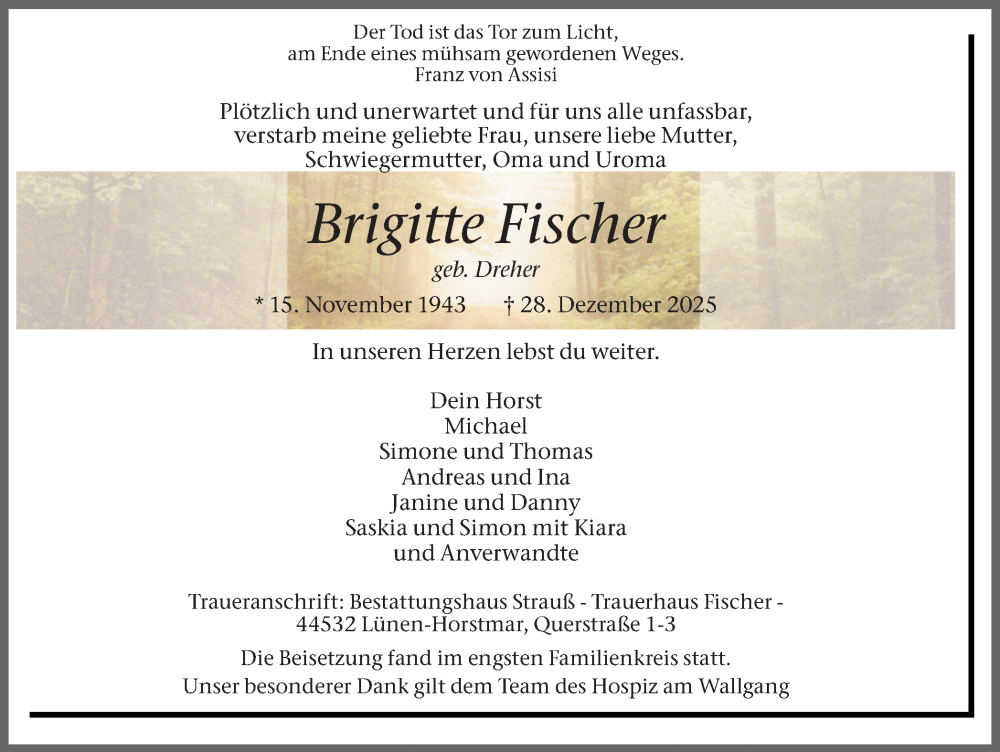  Traueranzeige für Brigitte Fischer vom 10.01.2026 aus Lüner Anzeiger