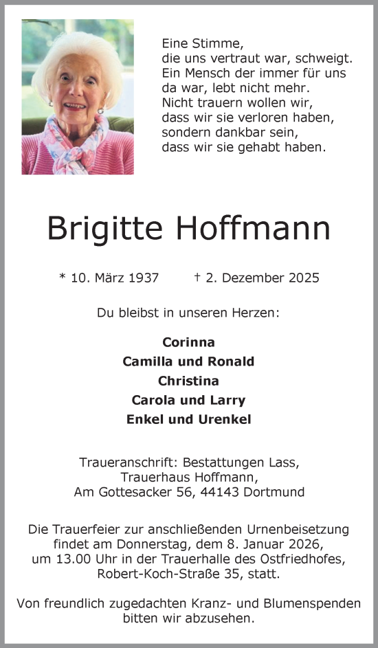 Traueranzeige von Brigitte Hoffmann von Ruhr Nachrichten
