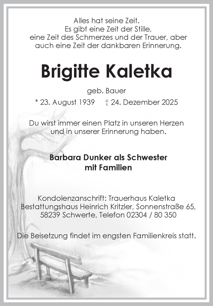  Traueranzeige für Brigitte Kaletka vom 10.01.2026 aus Ruhr Nachrichten
