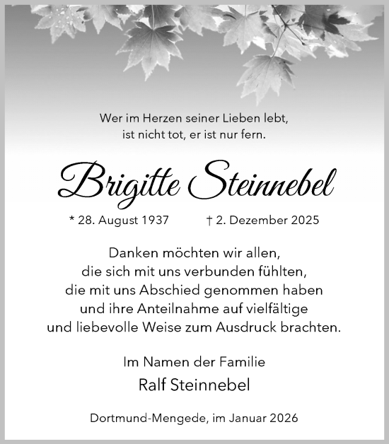 Traueranzeige von Brigitte Steinnebel von Ruhr Nachrichten