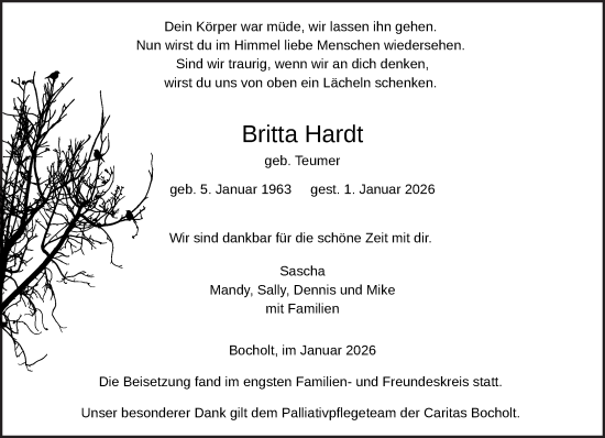 Traueranzeige von Britta Hardt 