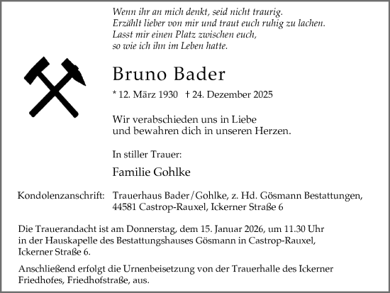 Traueranzeige von Bruno Bader von Stadtanzeiger Castrop-Rauxel