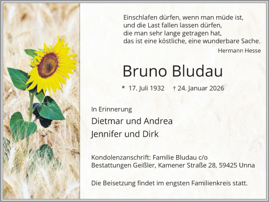 Traueranzeige von Bruno Bludau von Hellweger Anzeiger
