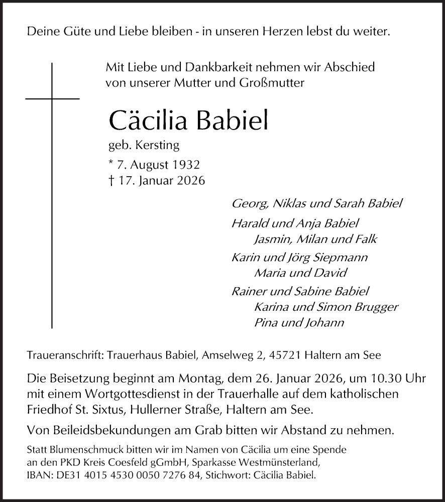  Traueranzeige für Cäcilia Babiel vom 21.01.2026 aus Ruhr Nachrichten und Halterner Zeitung