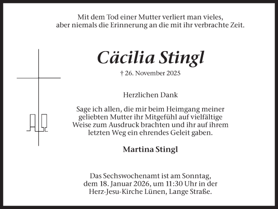 Traueranzeige von Cäcilia Stingl von Ruhr Nachrichten