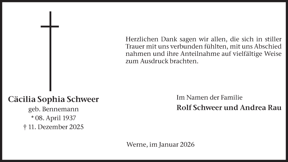  Traueranzeige für Cäcilia Sophia Schweer vom 17.01.2026 aus Ruhr Nachrichten