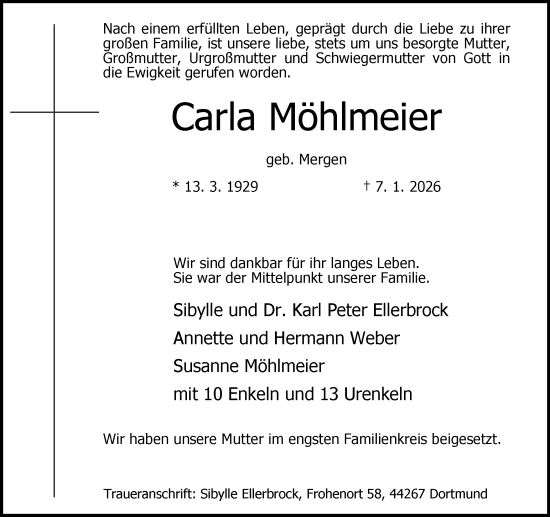 Traueranzeige von Carla Möhlmeier von Ruhr Nachrichten
