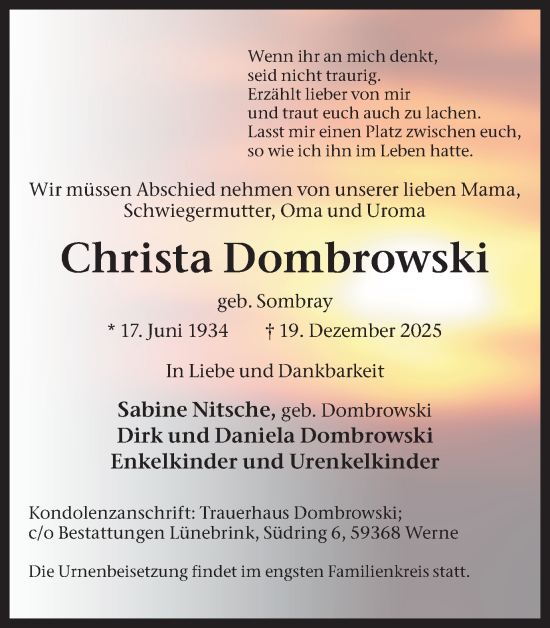 Traueranzeige von Christa Dombrowski von Ruhr Nachrichten