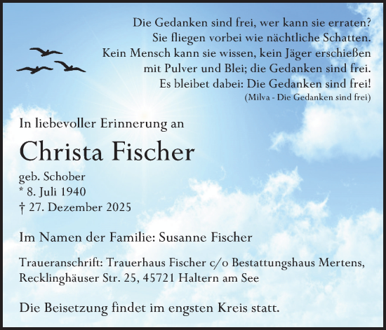 Traueranzeige von Christa Fischer von Ruhr Nachrichten und Halterner Zeitung