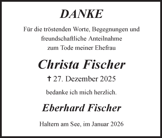 Traueranzeige von Christa Fischer von Ruhr Nachrichten und Halterner Zeitung