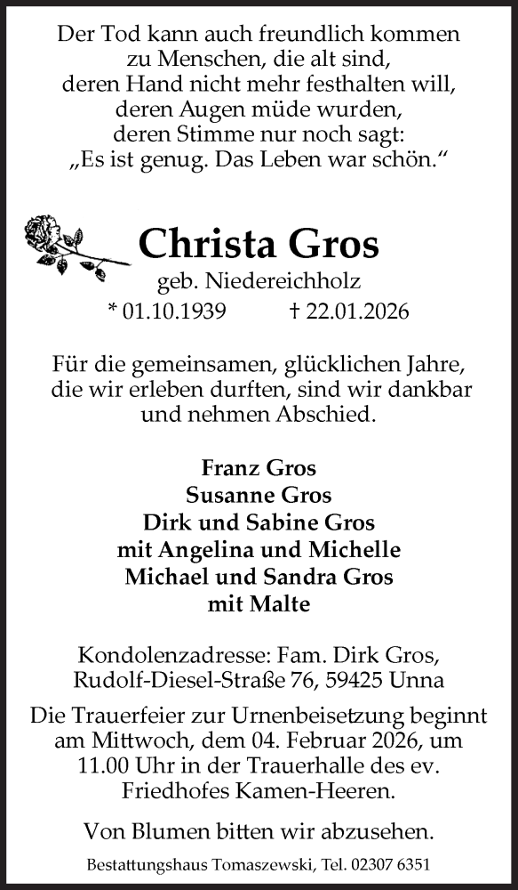  Traueranzeige für Christa Gros vom 29.01.2026 aus Hellweger Anzeiger
