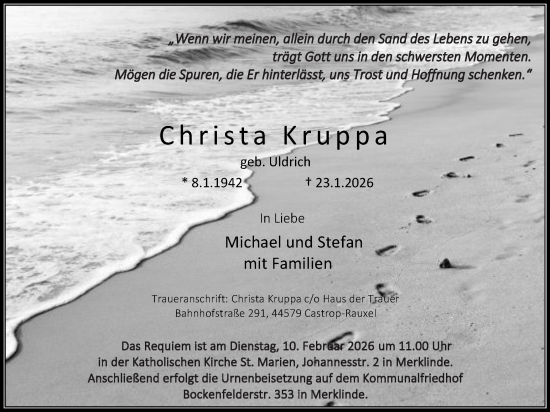 Traueranzeige von Christa Kruppa von Stadtanzeiger Castrop-Rauxel