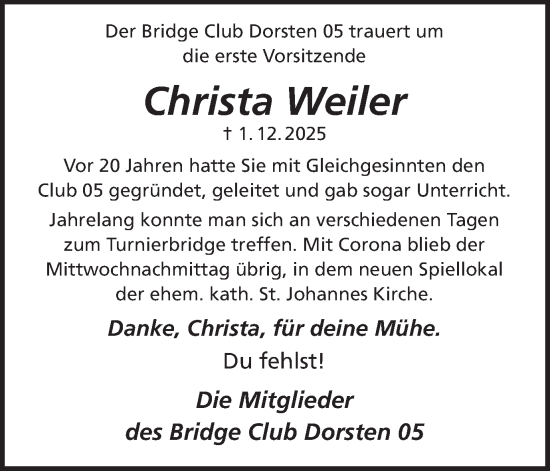Traueranzeige von Christa Weiler von Ruhr Nachrichten und Dorstener Zeitung