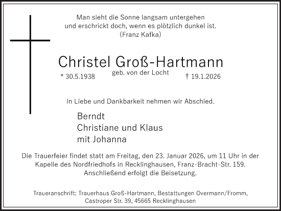 Traueranzeige von Christel Groß-Hartmann von Trauer Vest