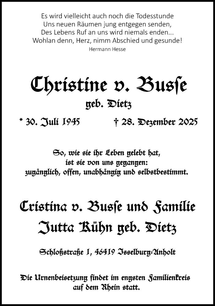  Traueranzeige für Christine v. Busse vom 10.01.2026 aus 