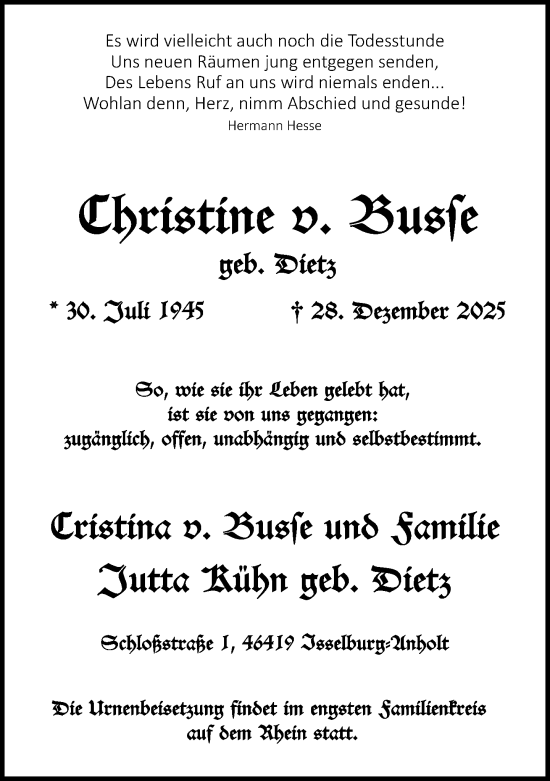 Traueranzeige von Christine v. Busse 