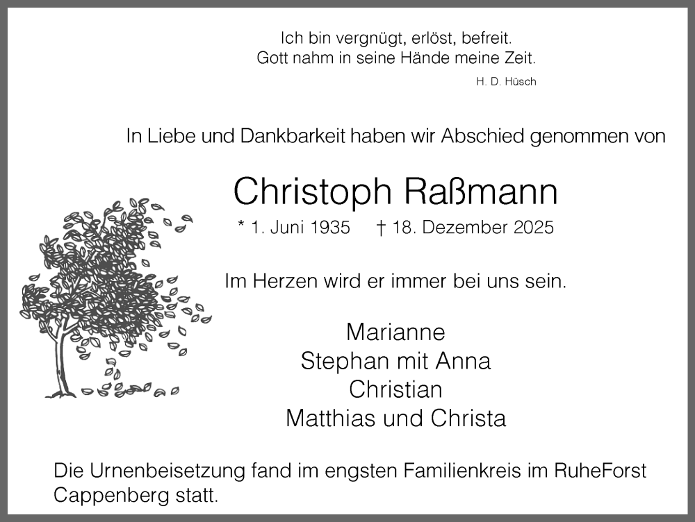  Traueranzeige für Christoph Raßmann vom 31.01.2026 aus Ruhr Nachrichten